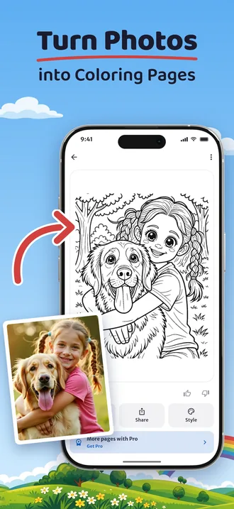 A photo of a girl with her dog next to the coloring page Penna made from it
