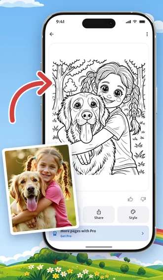 Penna turns a photo of a girl hugging her dog into a black-and-white colouring page