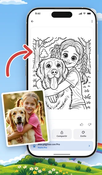 Penna convierte la foto de una niña abrazando a su perro en un dibujo para colorear en blanco y negro