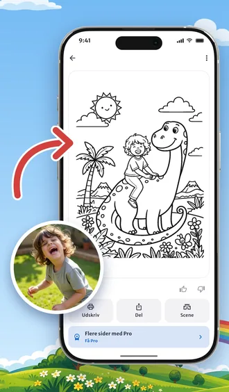 Et foto af en dreng lavet om til en tegning til farvelægning, hvor han rider på en dinosaur