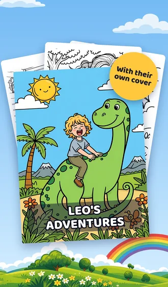 A printed colouring book called Leo's Adventures with a colour cover and colouring pages behind it