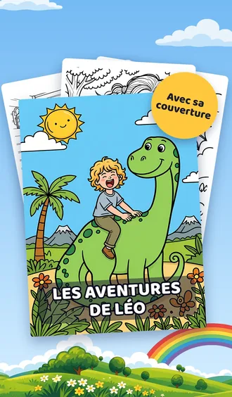 Un livre de coloriage personnalisé intitulé « Les aventures de Léo », avec une couverture en couleurs