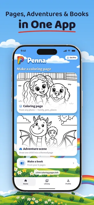 The Penna home screen with coloring pages, adventure scenes and Make a book