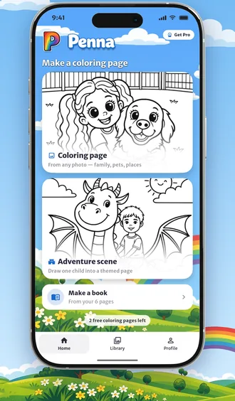 Penna's home screen with colouring pages, adventure scenes and Make a book
