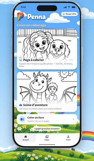L’écran d’accueil de Penna avec les coloriages, les scènes d’aventure et le bouton Créer un livre