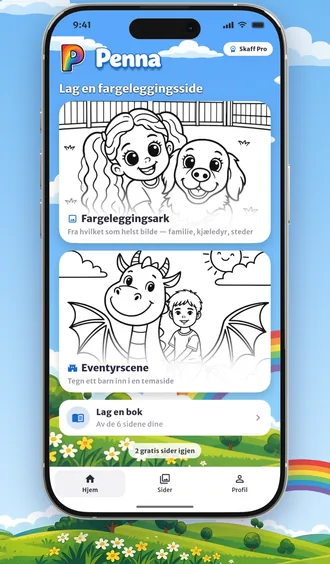 Startskjermen i Penna med fargeleggingsark, eventyrscener og knappen for å lage en bok