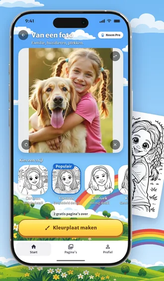 Dezelfde foto als cartoon, als klassieke kleurplaat en in animestijl