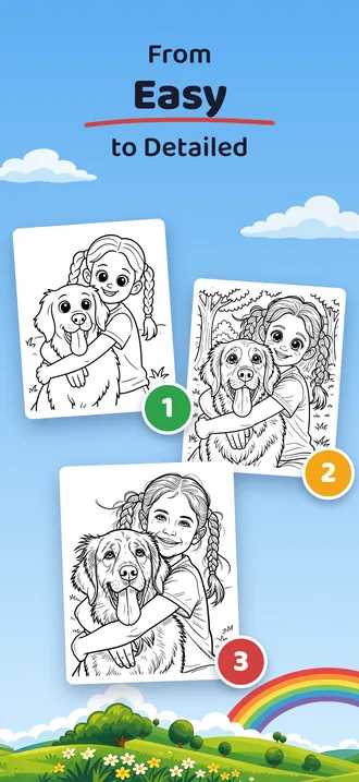 The same photo as a simple, a medium and a detailed coloring page