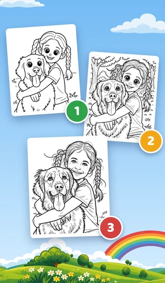 The same photo as a simple, a medium and a detailed colouring sheet