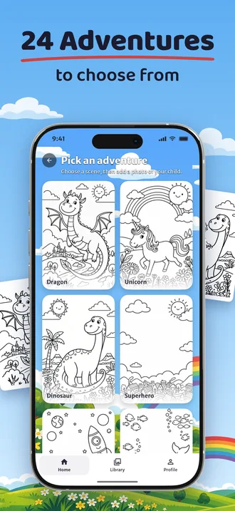 A grid of Penna's adventure scenes: dragon, unicorn, dinosaur, superhero and more