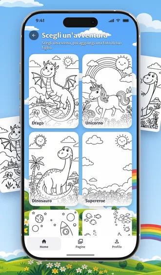 Alcune delle scene d'avventura di Penna: drago, unicorno, dinosauro, supereroe e altre
