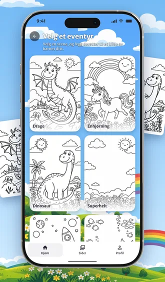 Et utvalg av eventyrscenene i Penna: drage, enhjørning, dinosaur, superhelt og flere
