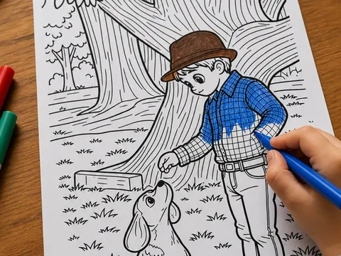 Ein Kind malt mit einem blauen Filzstift ein ausgedrucktes Bild von einem Jungen und seinem Hund aus